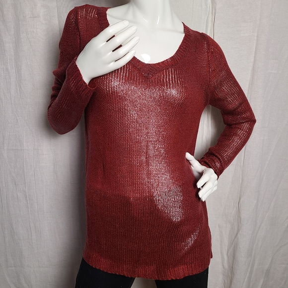 Women's Burgundy Latex Covered Long Sleeves V-Neck Sweater - Picture 2 of 12